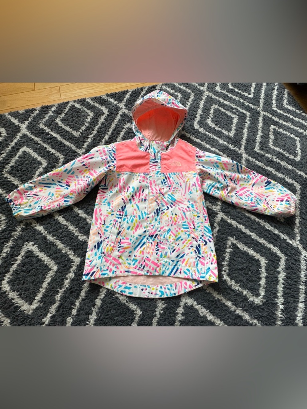 The North Face Girls' Multicolor Printed Hooded Shell Jacket with Coral Panels